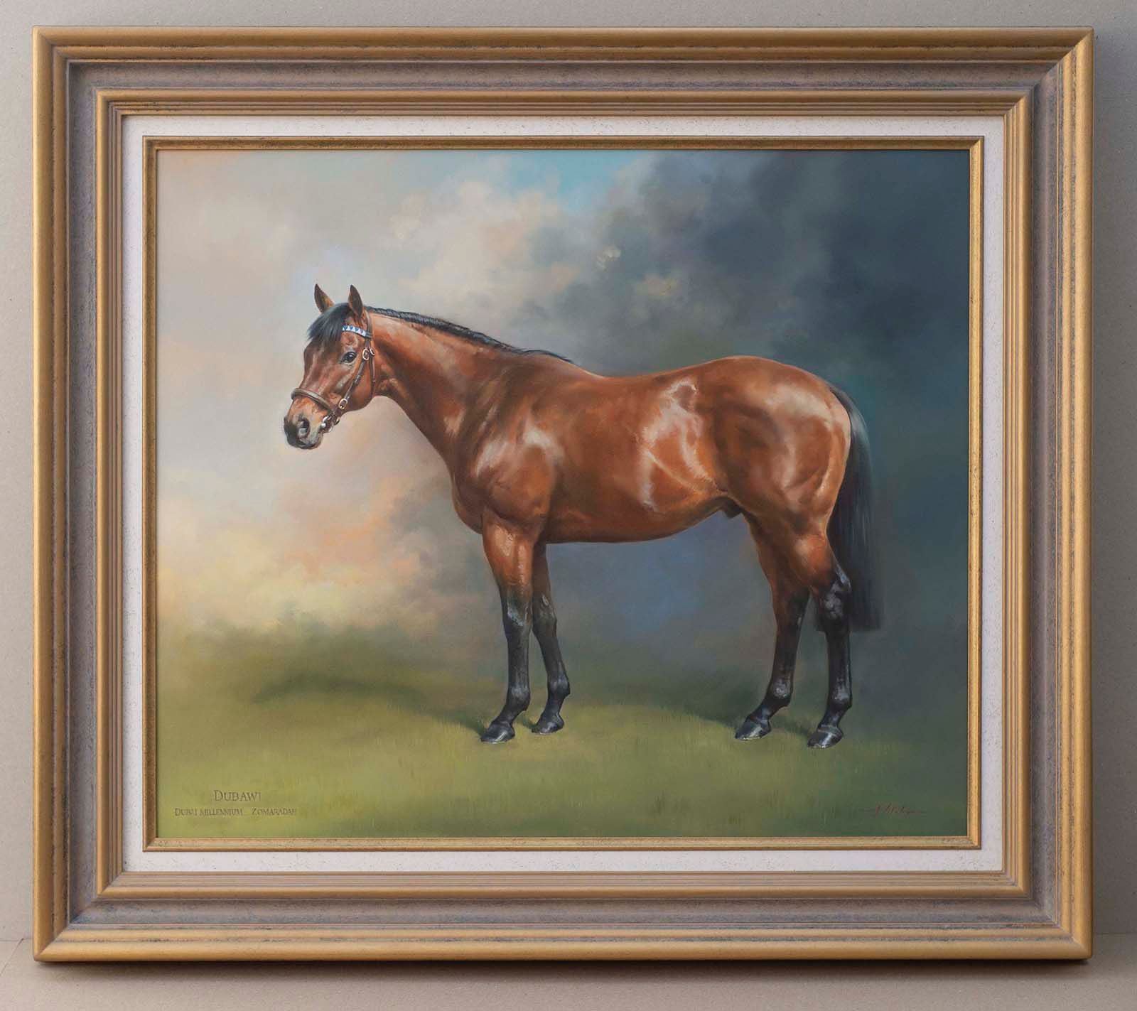 Framed painting of a brown horse standing on green ground against a soft blue-gray background