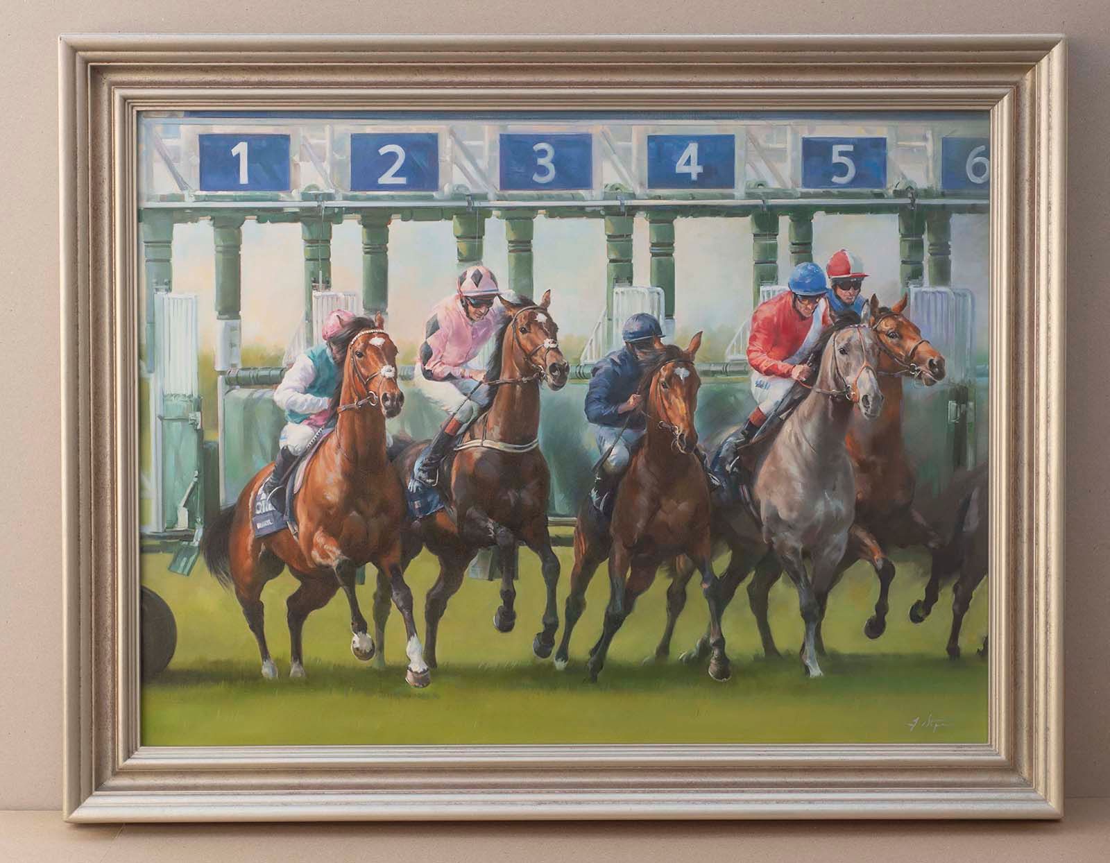 Framed painting of horse race with five jockeys and horses charging from numbered starting stalls