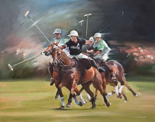 Three polo riders in white helmets gallop across a field, mallets raised mid-play.