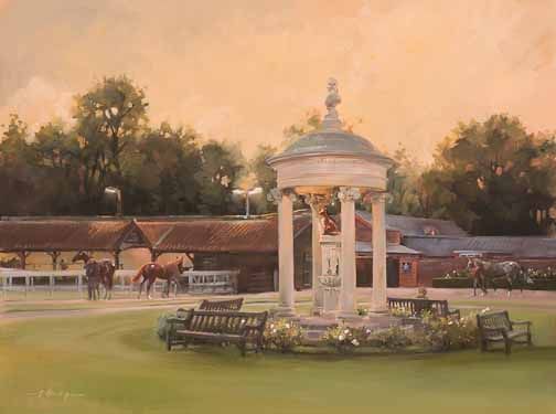 Gazebo in a garden plaza at sunset, with benches, trees, and a horse-and-carriage in the background