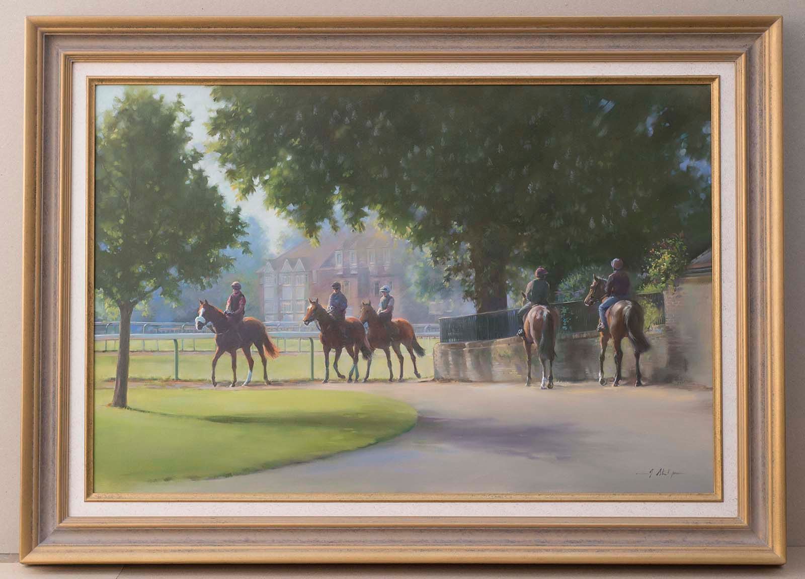 Framed painting of horse riders on a tree-lined path near a stately building