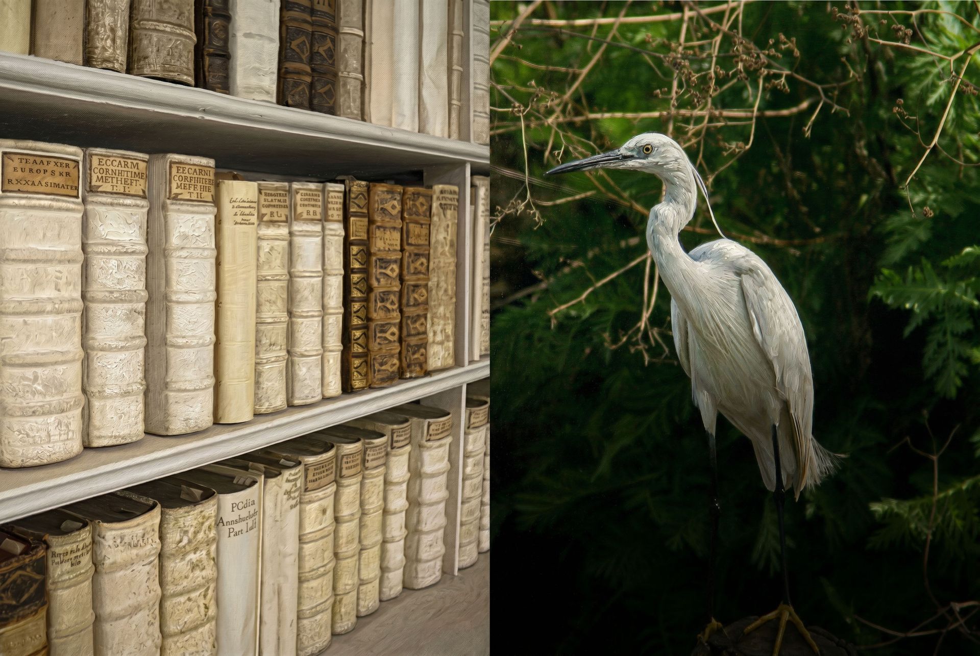 White heron beside shelves of old books in a dim library garden area