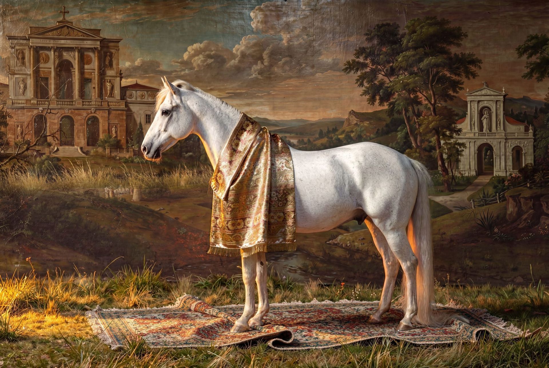 White horse draped in gold cloth stands in a ruin-filled landscape at sunset