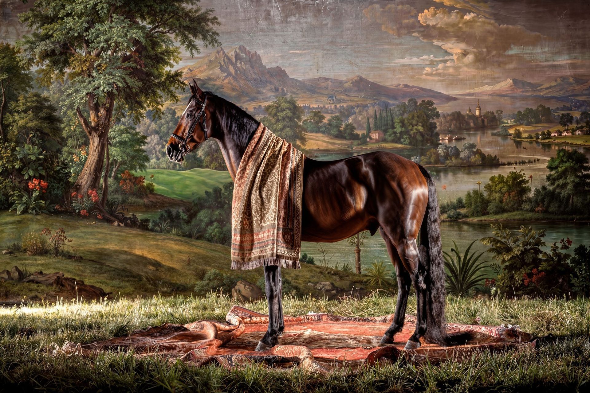 Horse draped in a patterned blanket stands in a sunlit rural landscape with fields and trees.