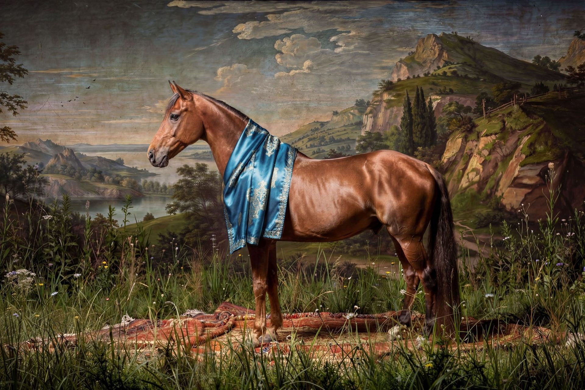 Brown horse wearing a blue blanket standing in a grassy meadow with mountains in the background