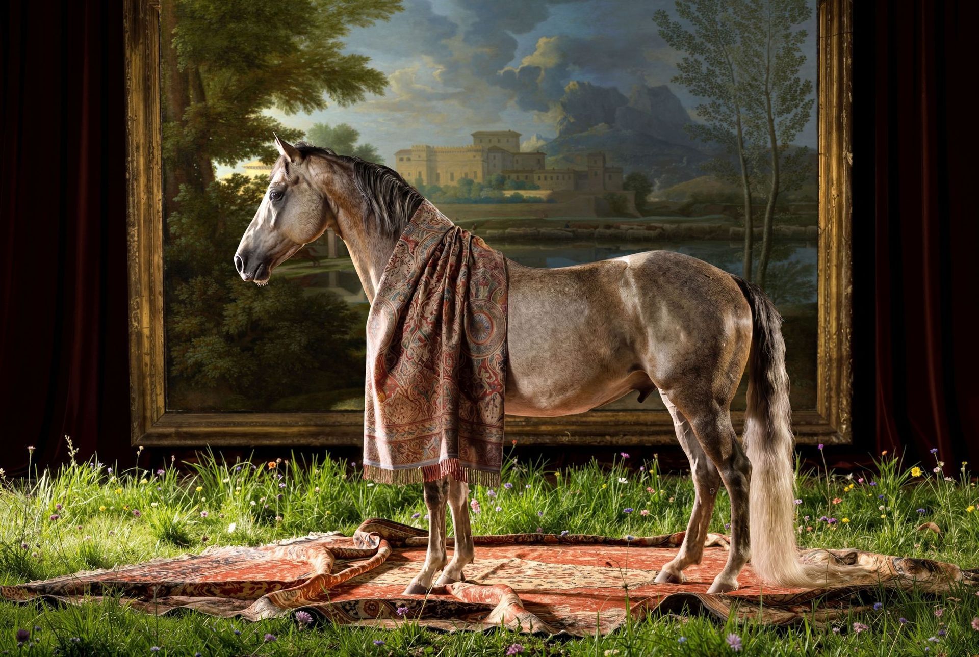 Horse draped in a patterned cloth standing on a rug before a painted landscape backdrop