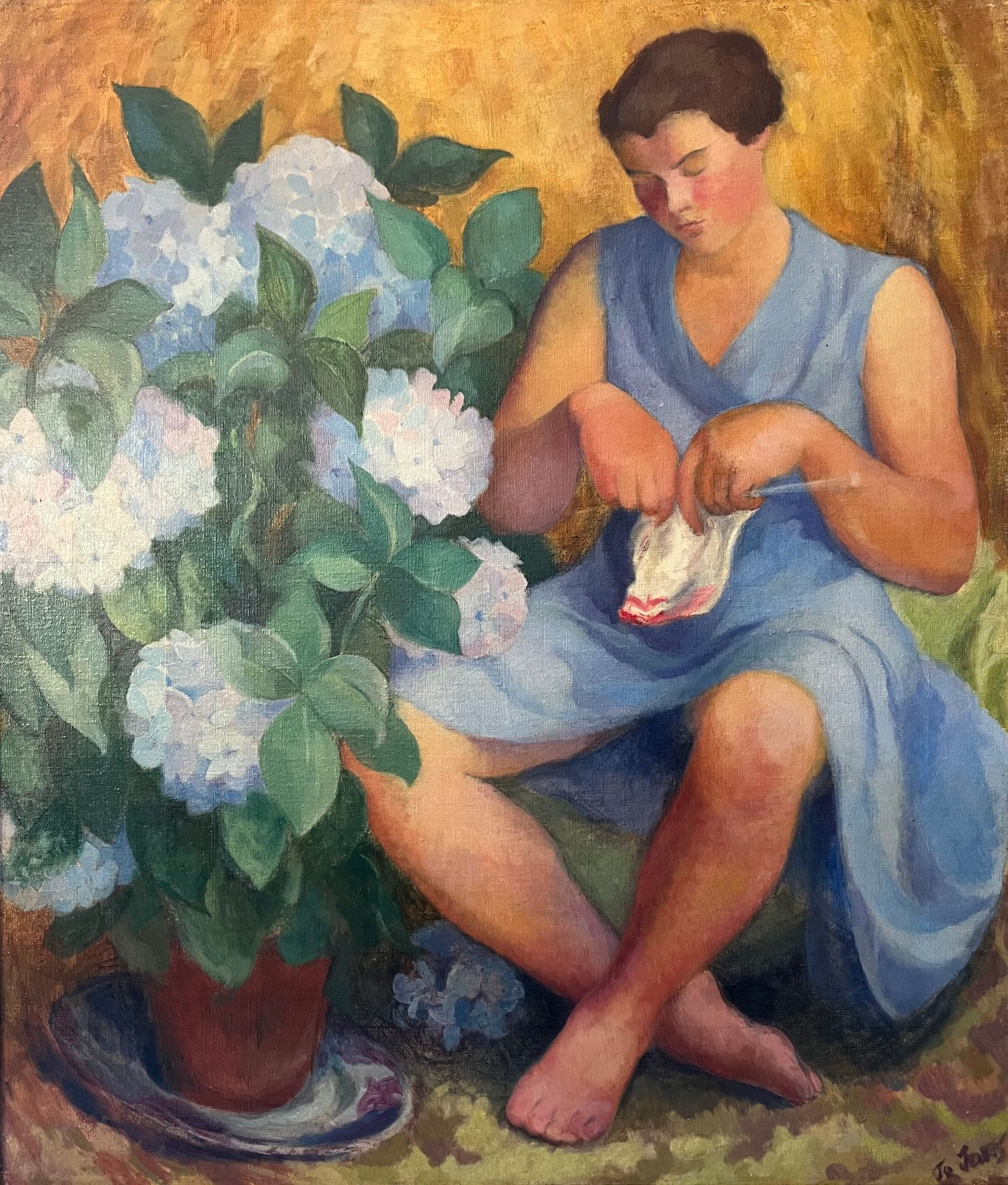 Seated woman in a blue dress beside a large vase of white flowers in a framed painting