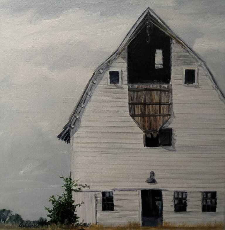 a painting of a white barn with a hole in the roof