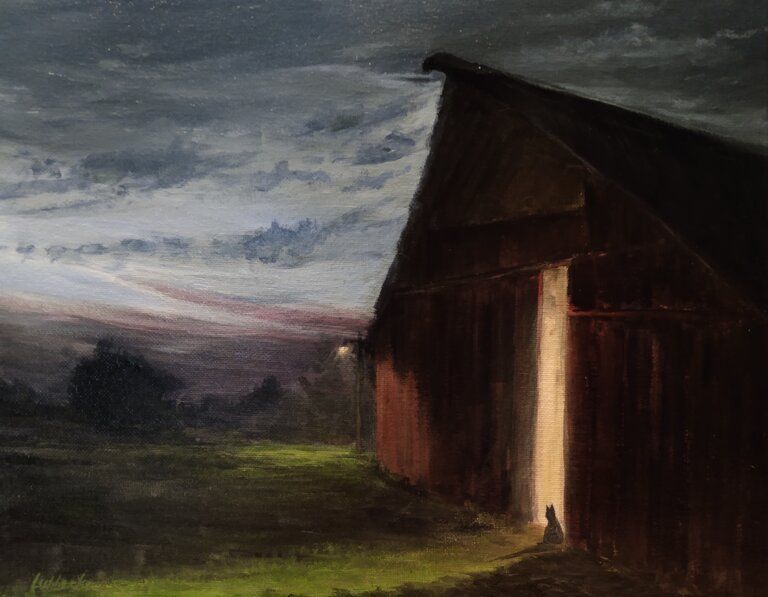 a painting of a cat in front of a barn with a light coming out of the door