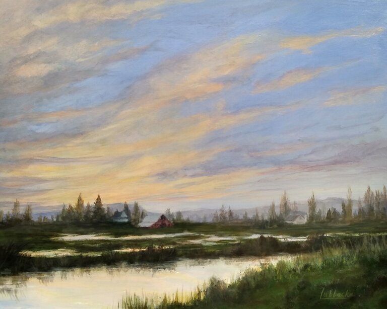 A painting of a sunrise over a river with a barn in the background.
