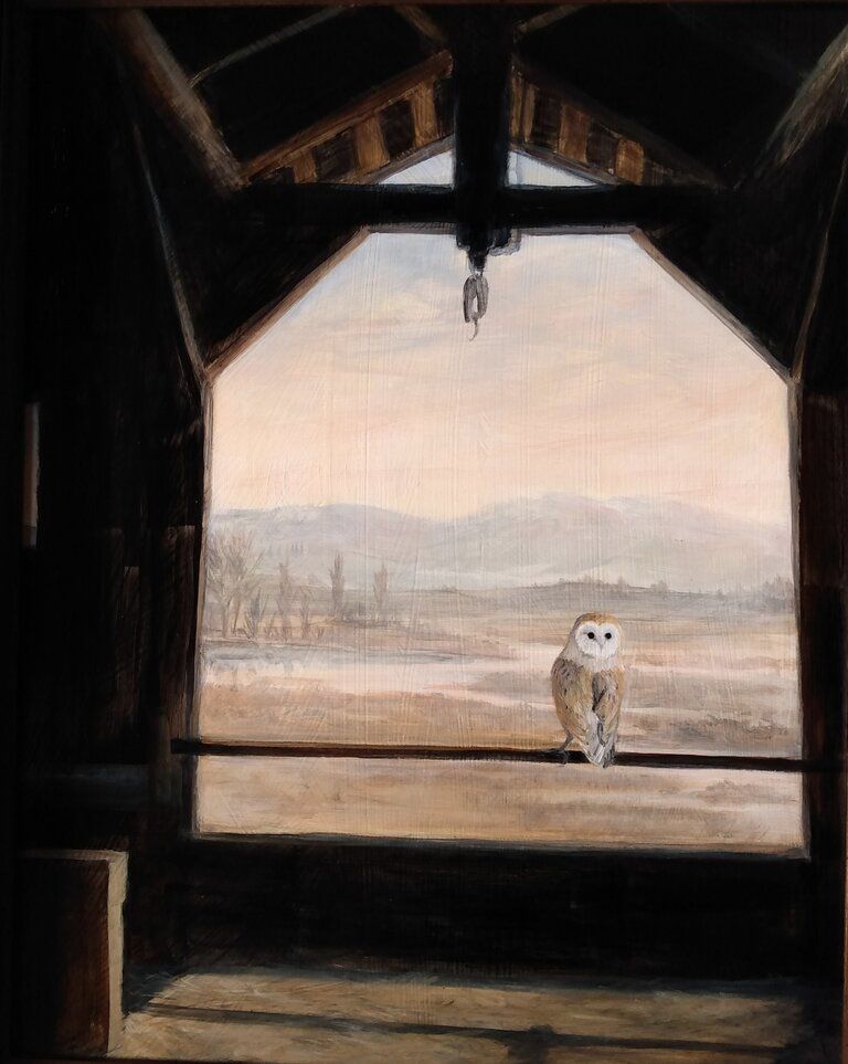 a painting of an owl looking out of a window