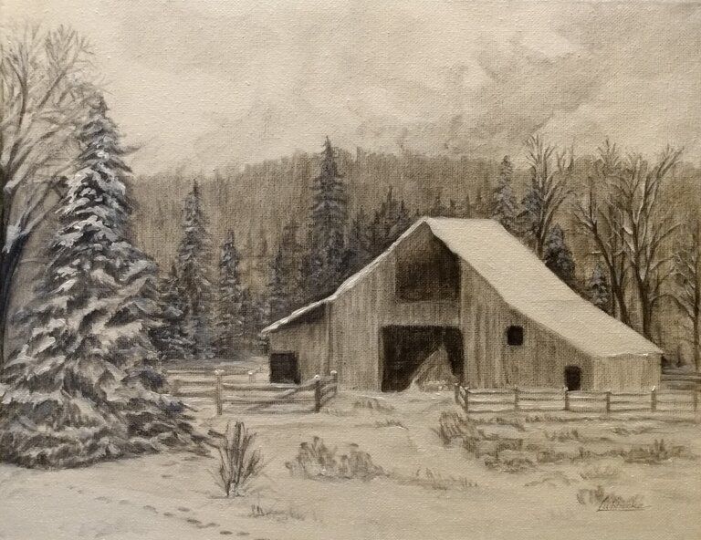 a black and white drawing of a barn in the snow