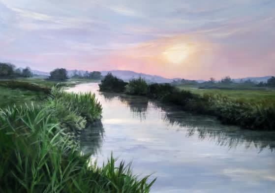 A painting of a river with a sunset in the background.