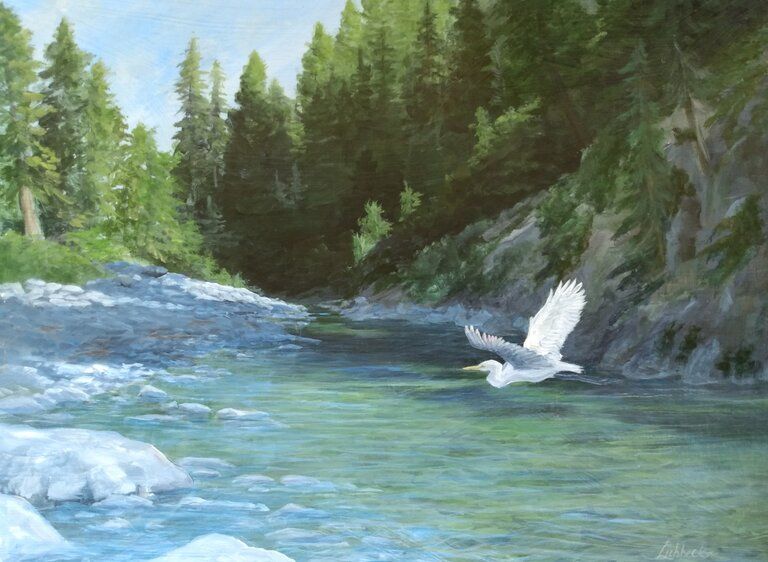 A white bird is flying over a river in a painting.