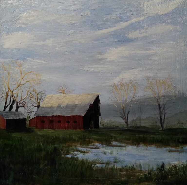 a painting of a red barn in a field