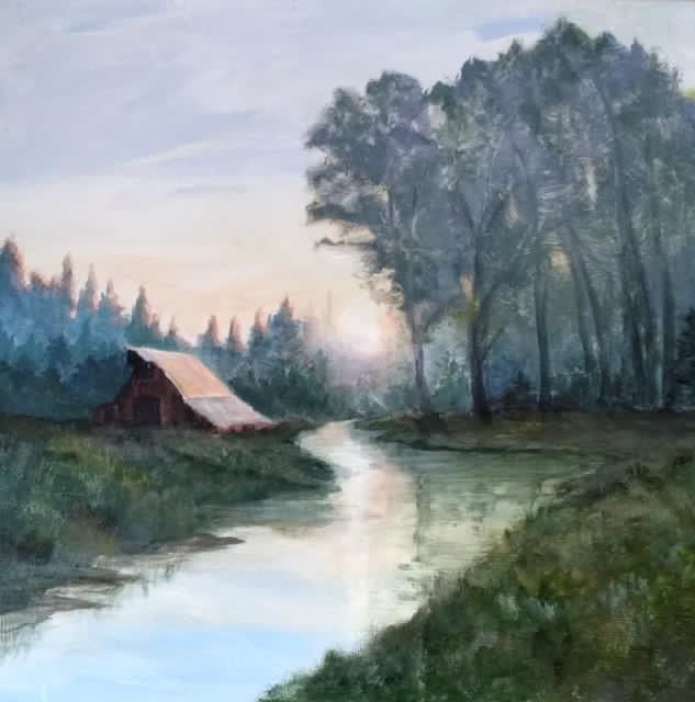 It is a painting of a river with a barn in the background.