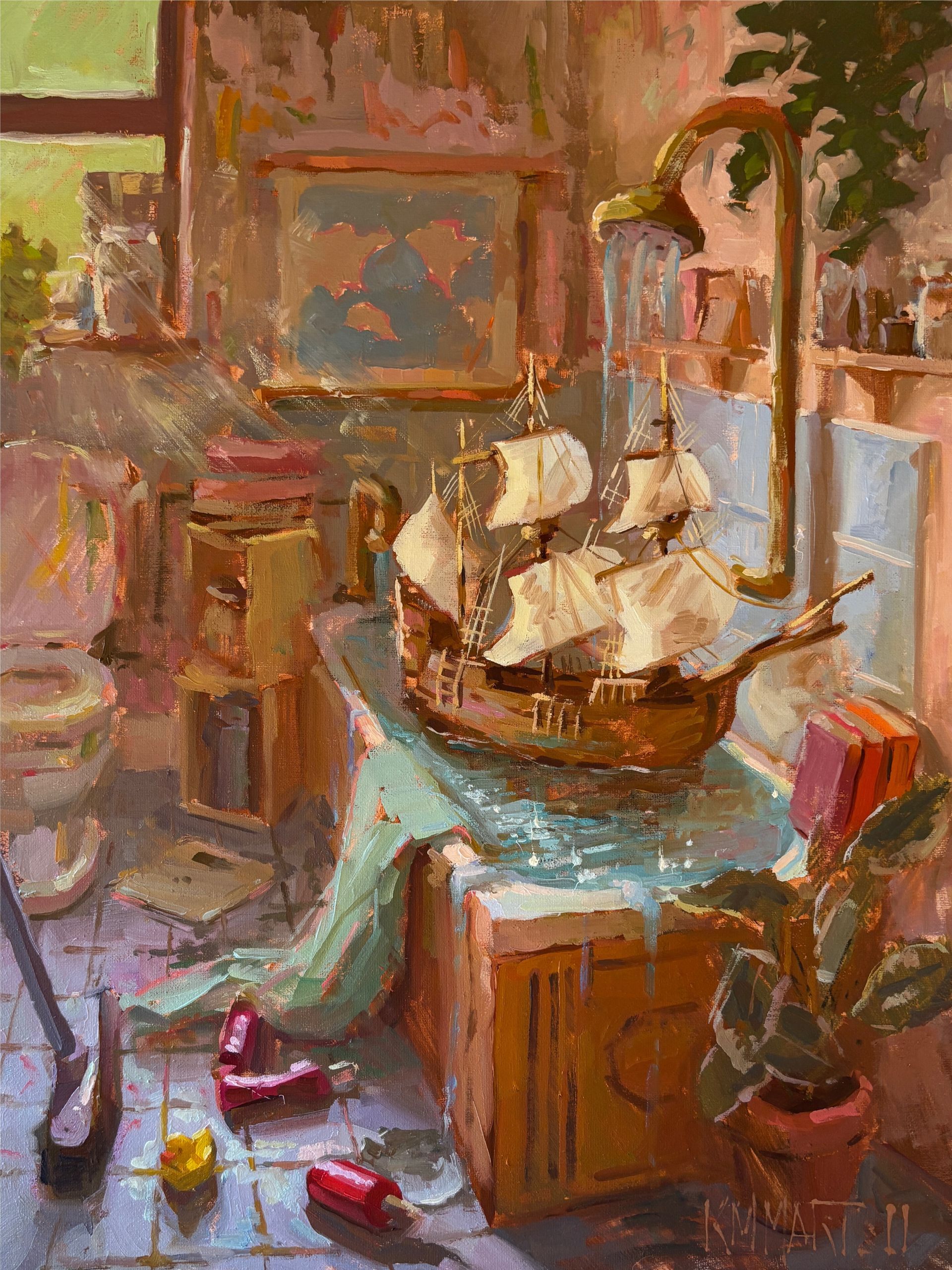 A toy ship sailing under a running faucet in a bathroom, with a world map and colorful objects.