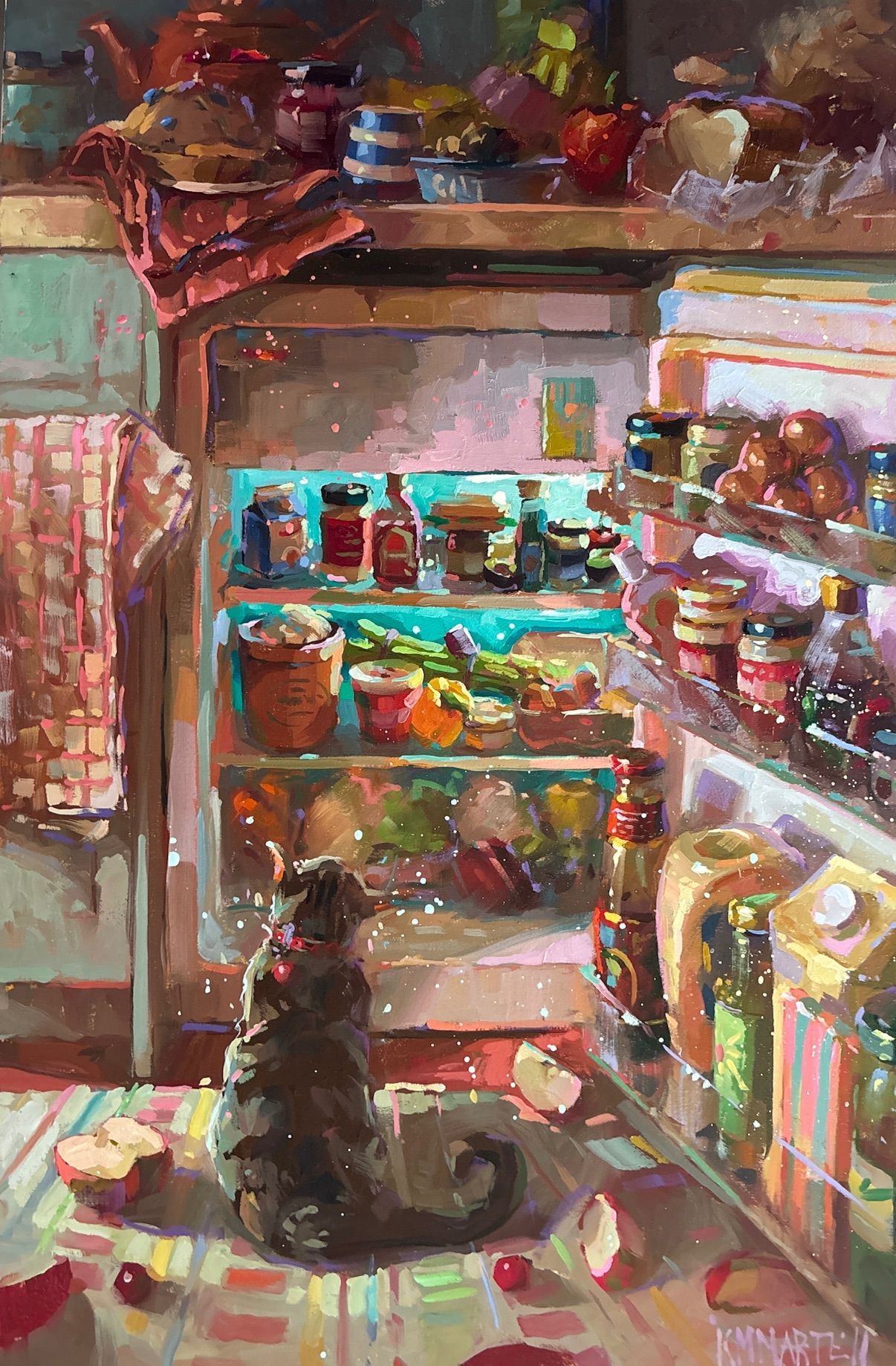 Cat gazing into a filled refrigerator with open door, apples scattered on the counter.