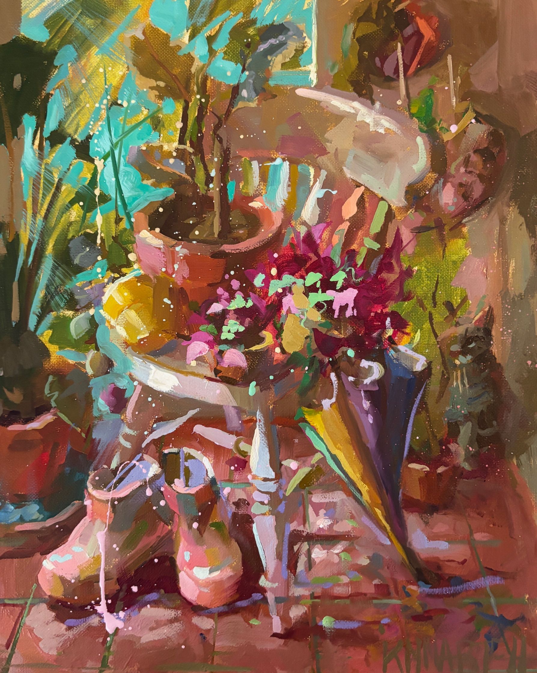 Still life: plants, umbrella, boots, and cat on a chair, with a window backdrop.