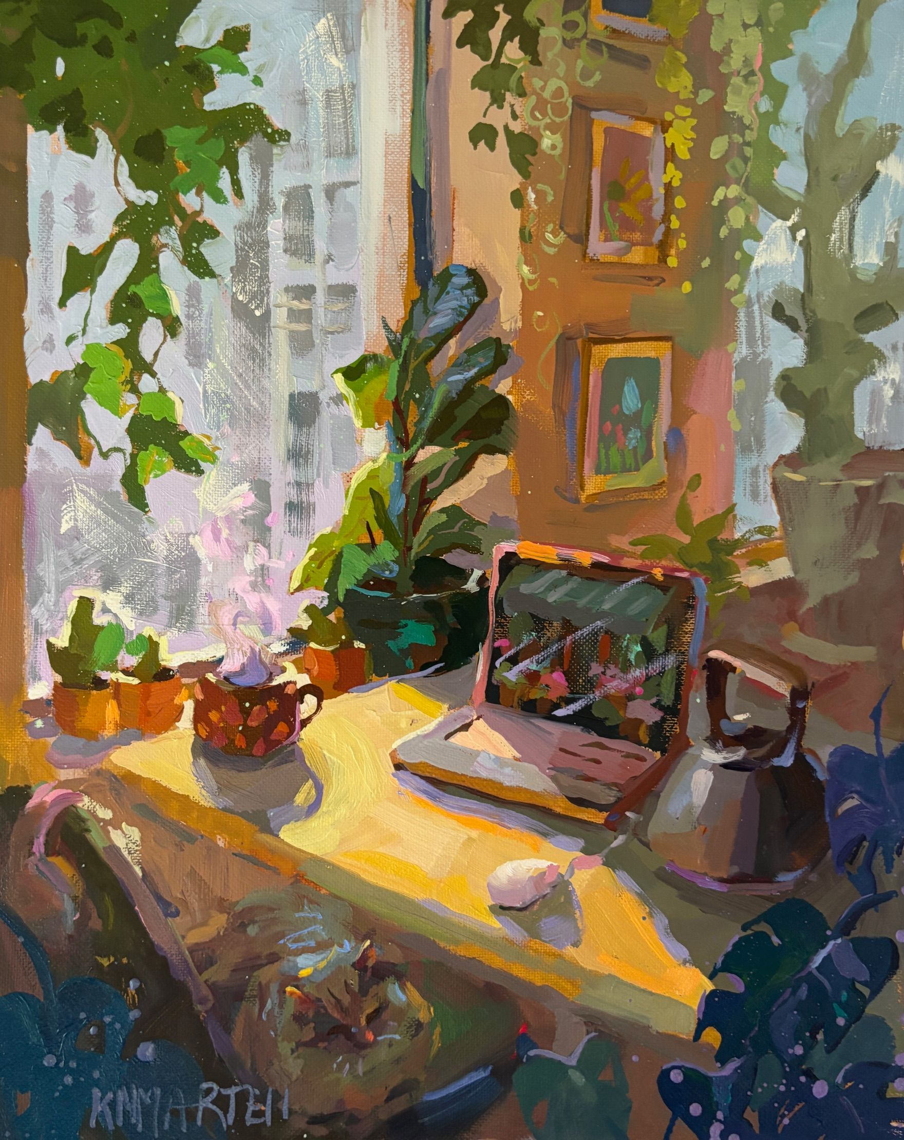 Sunlit windowsill with potted plants, a laptop, and a mug in a cozy room