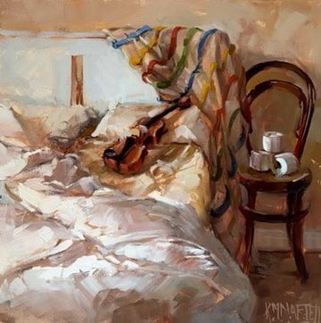 Painting of a bed with a striped blanket, chair, and small table in a softly lit room
