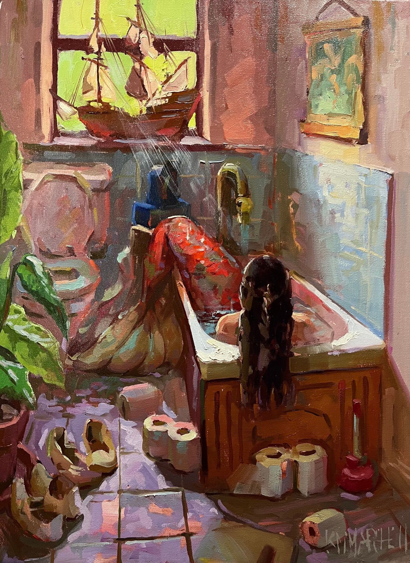 Woman in a bath in a warm-toned bathroom with flowers by the window
