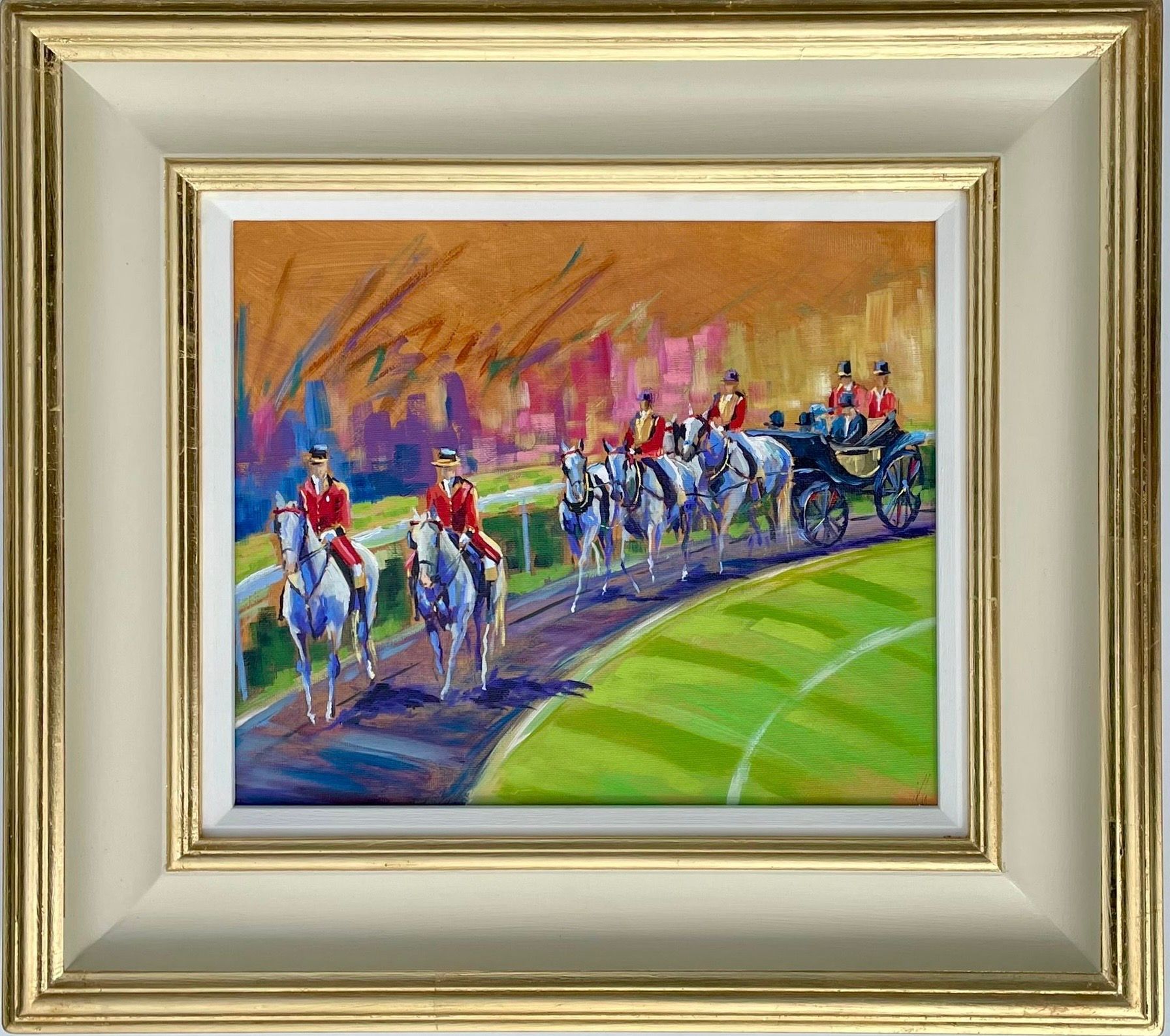 A framed painting of men riding horses and a carriage