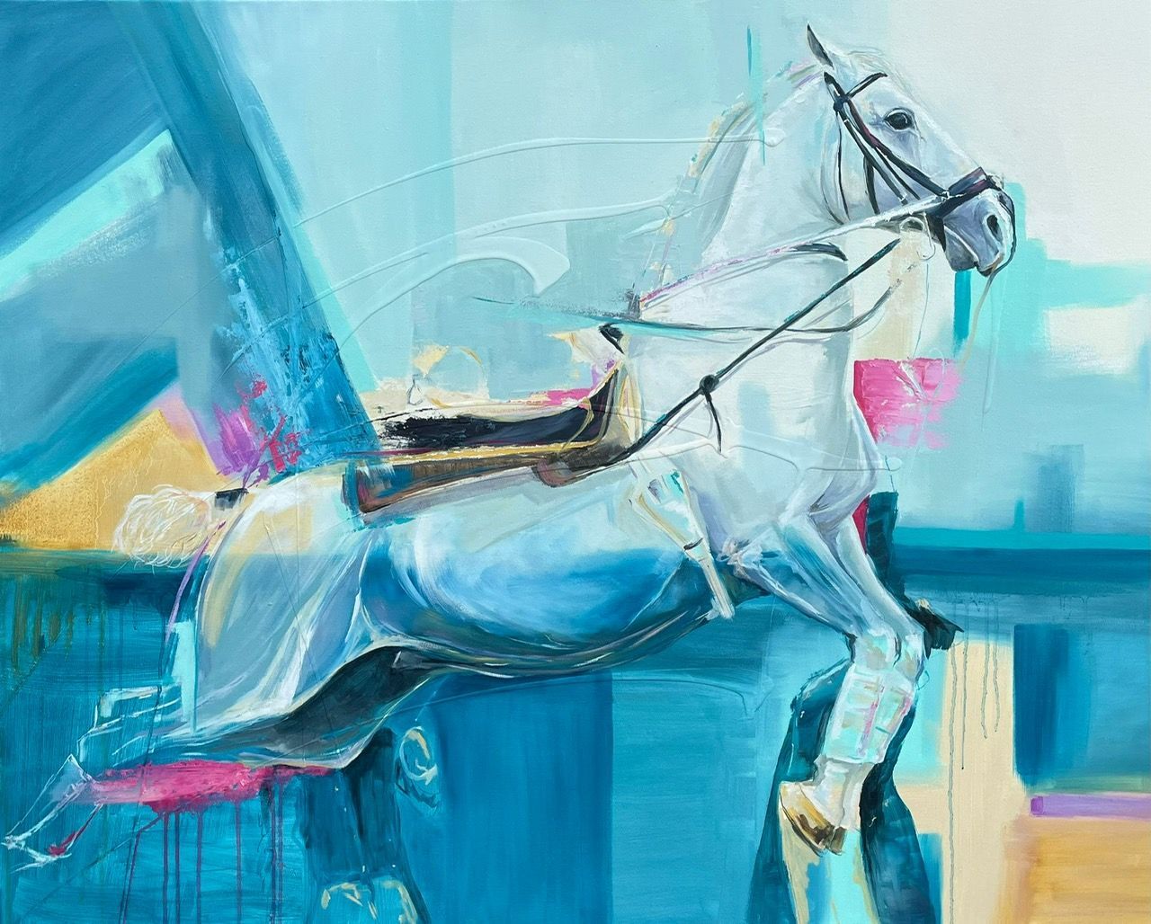 a painting of a white horse jumping over a blue wall .