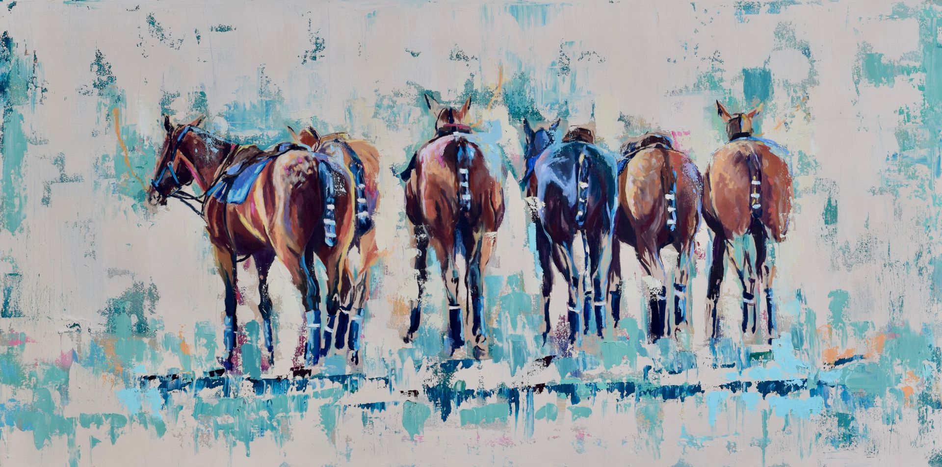 Five horses standing in a snowy, pastel-colored landscape