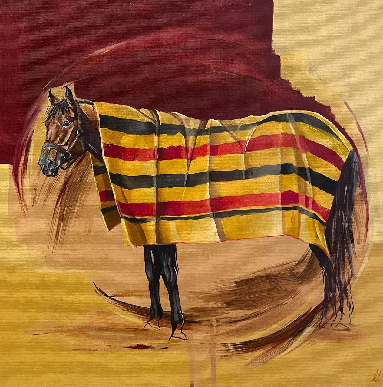 a painting of a horse wrapped in a striped blanket