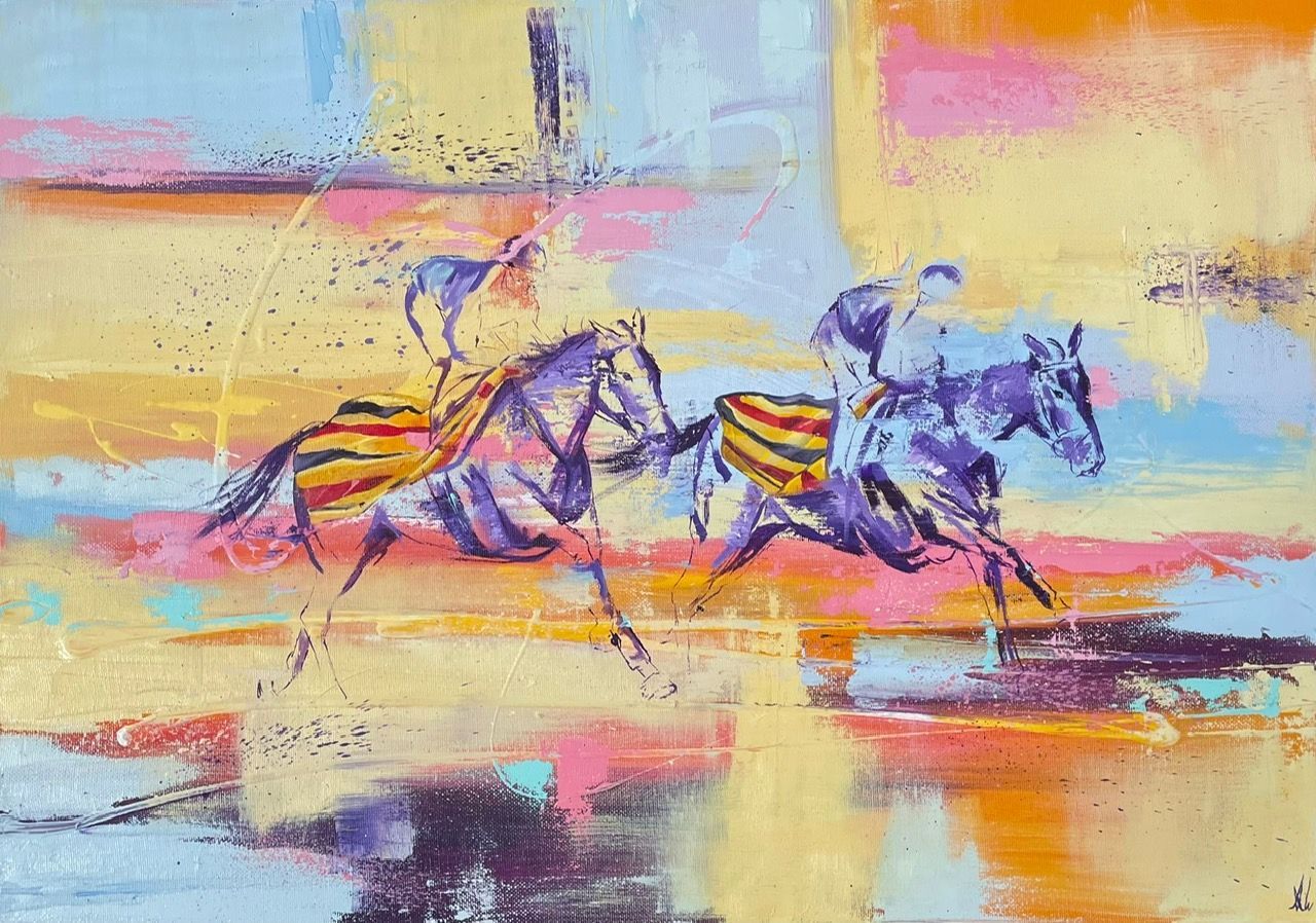 A painting of two horses racing on a track.