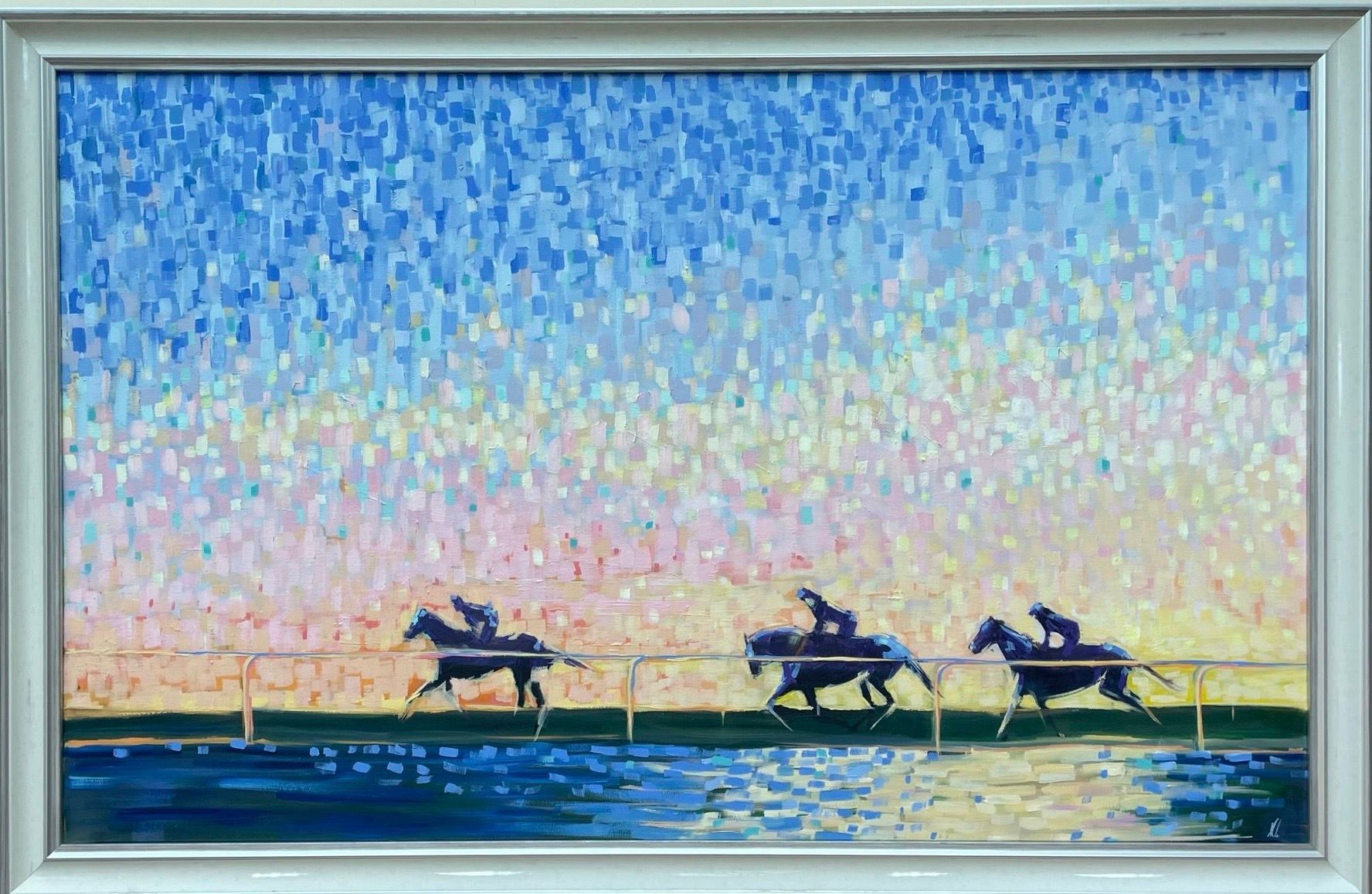 A painting of three horses racing over a bridge over a body of water.