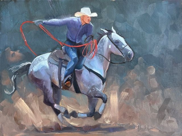 Cowboy on a gray horse roping in action, wearing a white hat, in a dusty setting.