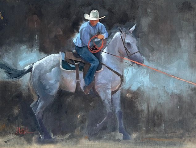 Cowboy on gray horse roping, blue shirt, jeans, white hat, dusty background.