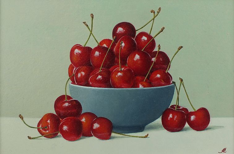 A painting of cherries in a bowl on a table