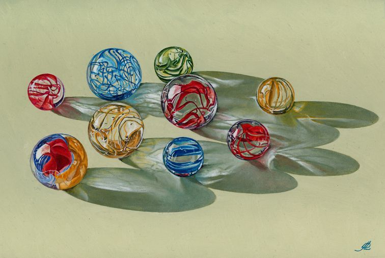 A painting of a bunch of colorful marbles on a table.