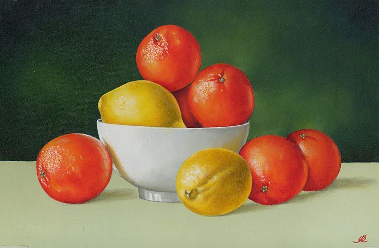 A painting of oranges and lemons in a white bowl