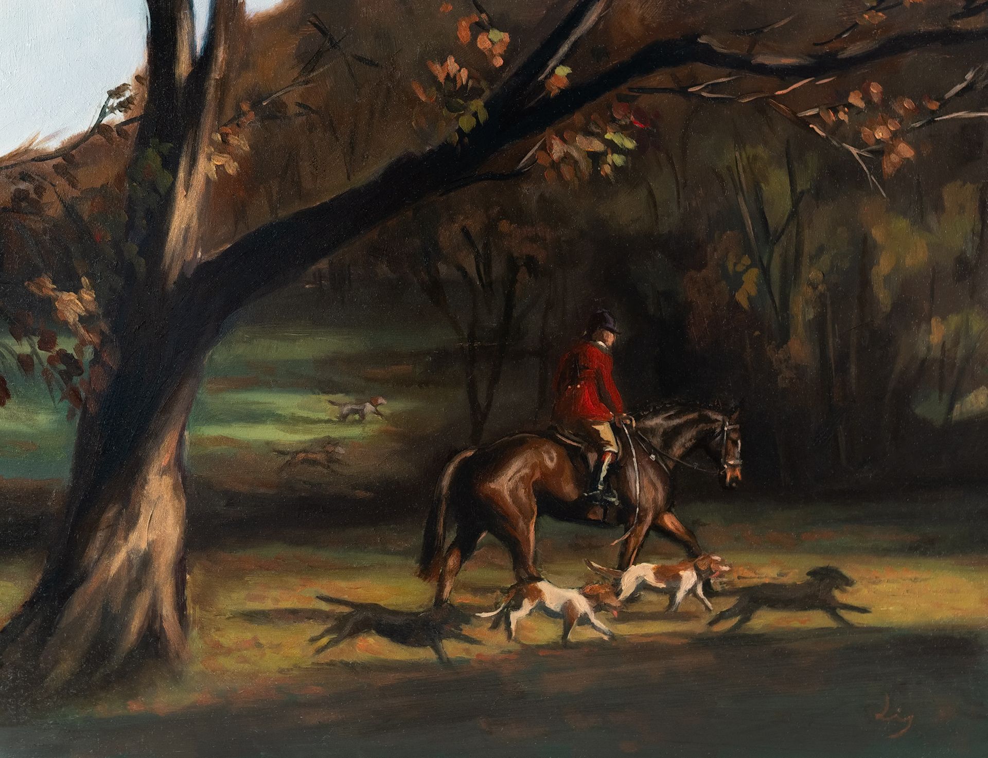 A painting of a man riding a horse with hounds