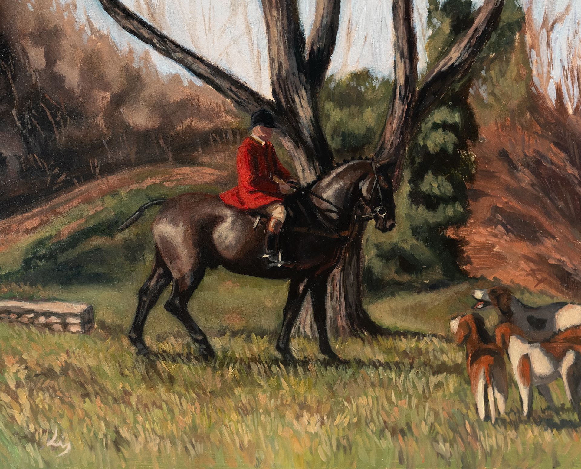 A rider in red coat on a dark horse is followed by hounds in a grassy field near trees.