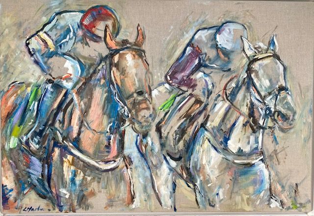 A painting of two jockeys riding horses in a race