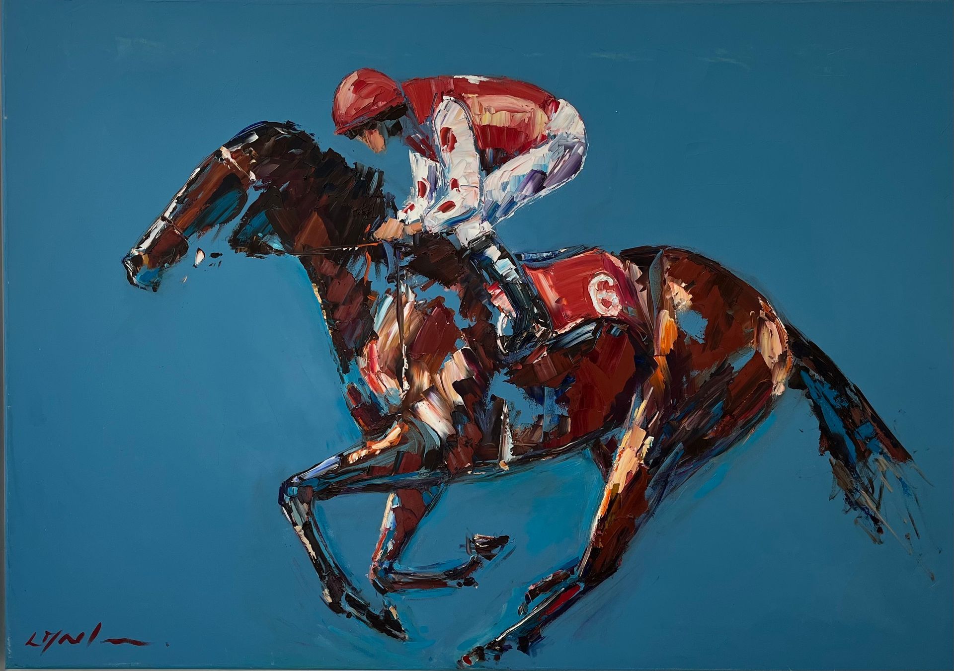 A painting of a jockey riding a horse with the number 6 on it.