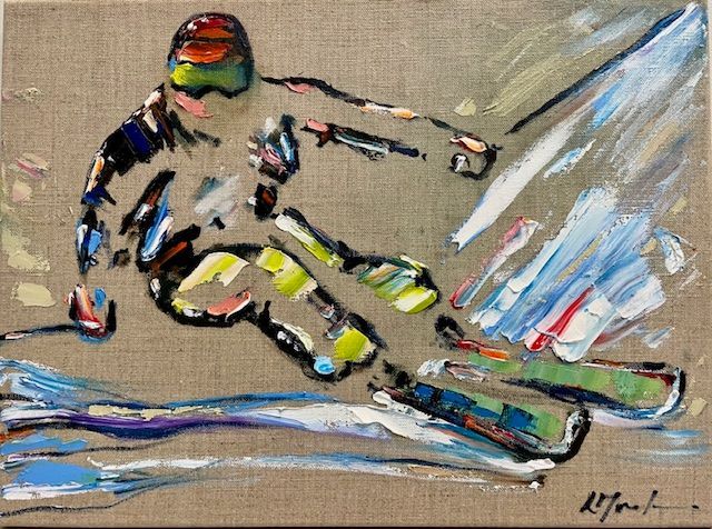 a painting of a person skiing down a snow covered slope .