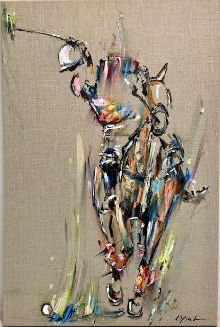 a painting of a man on a horse playing polo