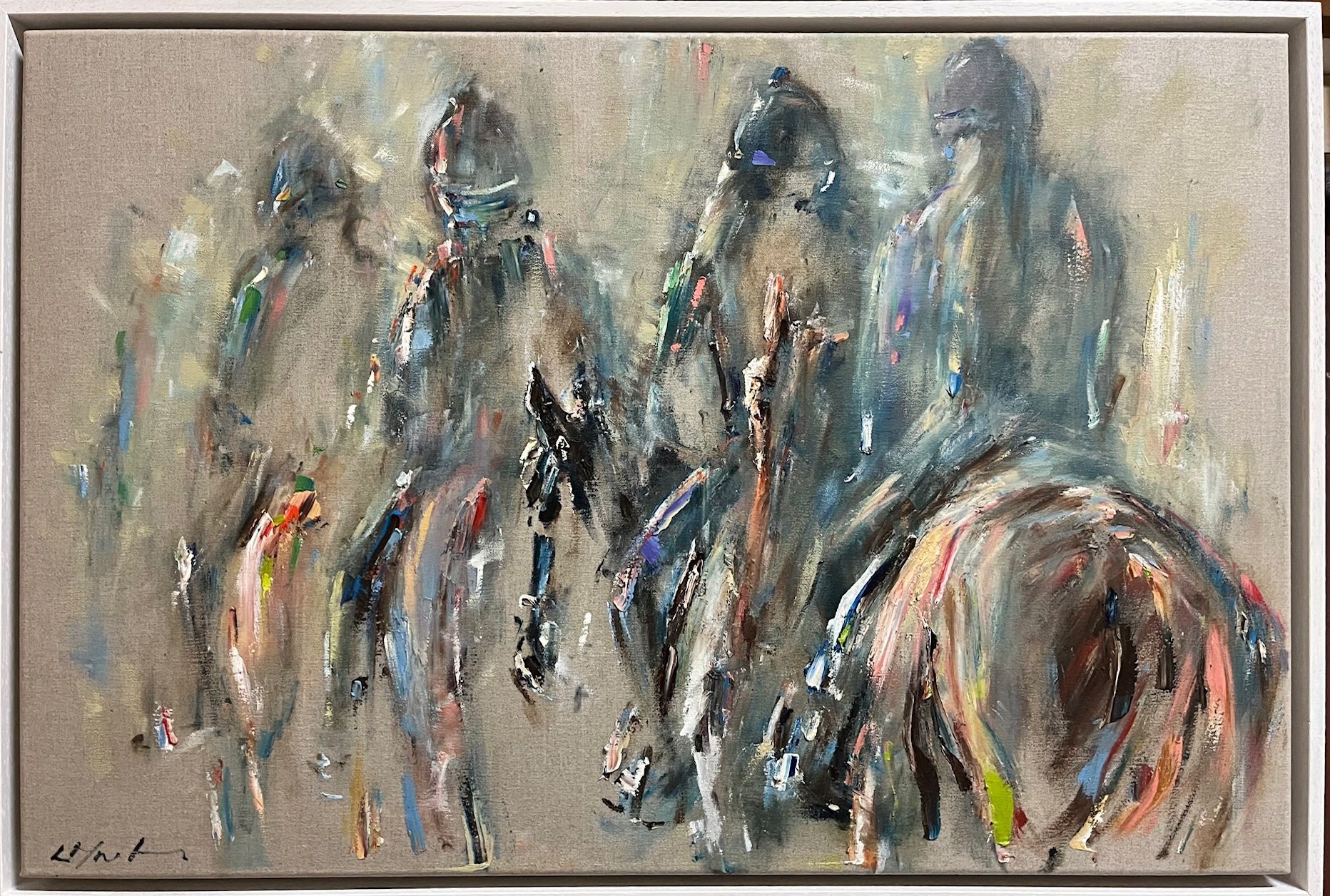 A painting of a group of people riding horses.