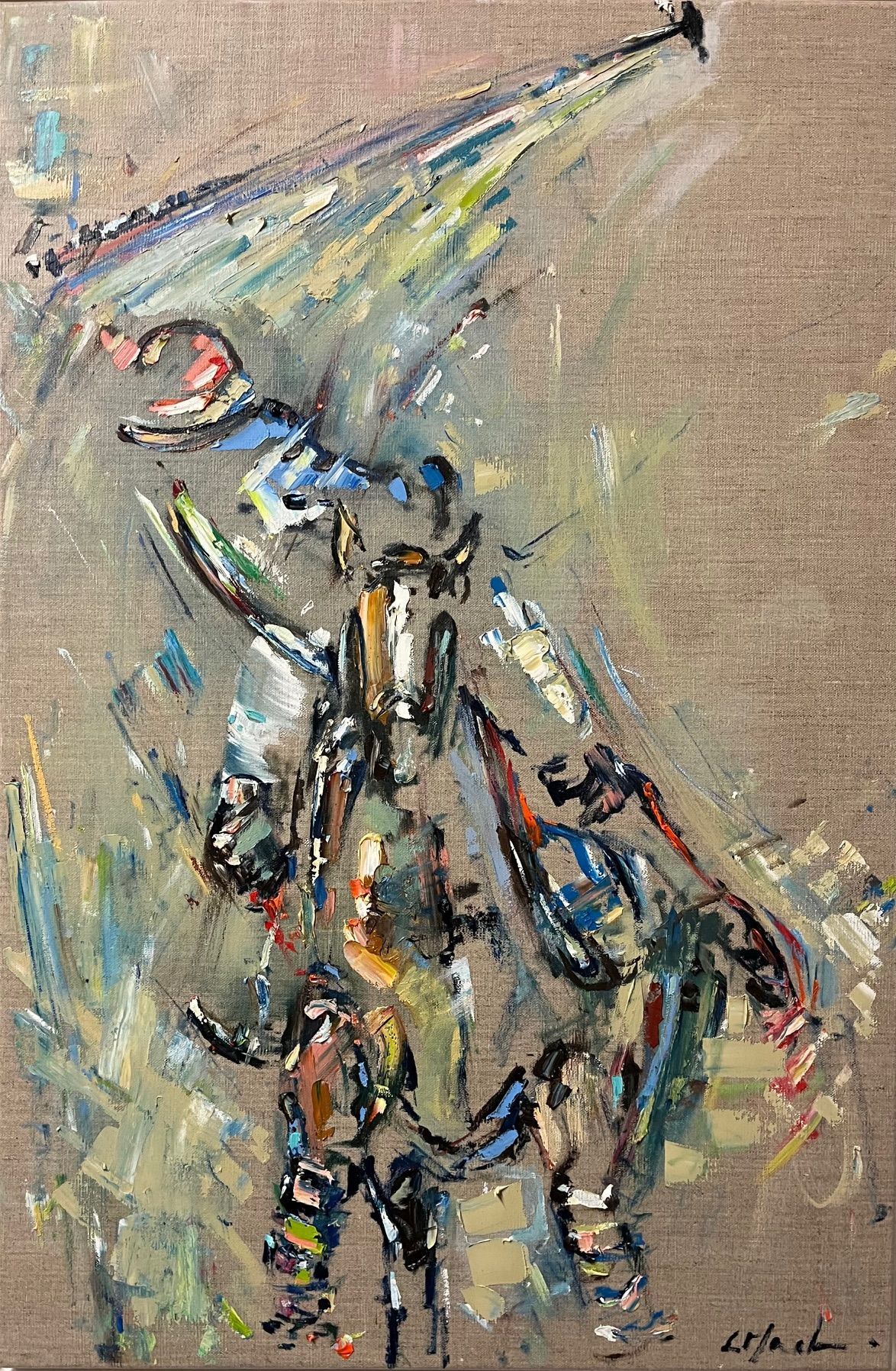 Abstract painting of a ball striking polo player riding a horse in motion. Dominant colors are beige, blue, and brown with quick brushstrokes, set against a muted background.