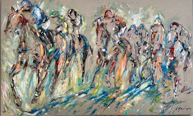 A painting of a group of people riding horses.