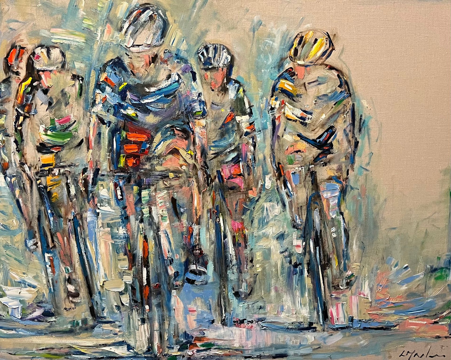 A painting of a group of people riding bicycles