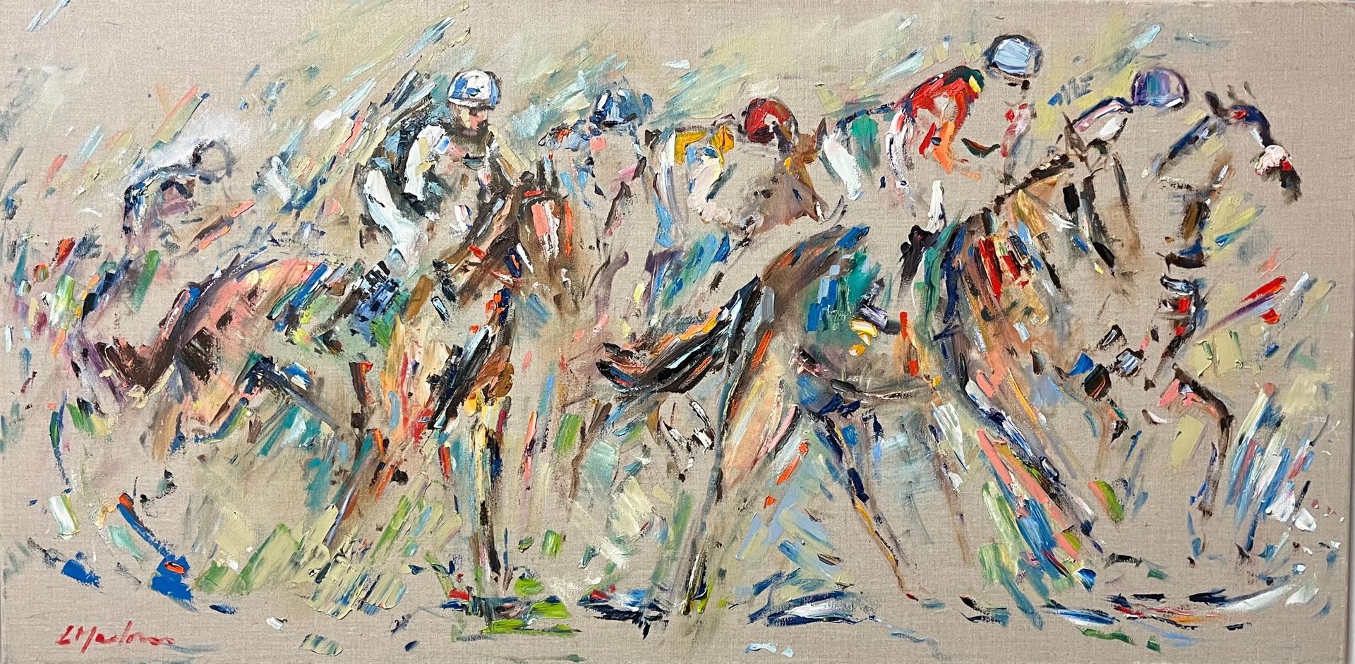 A painting of a group of people riding horses in a race.
