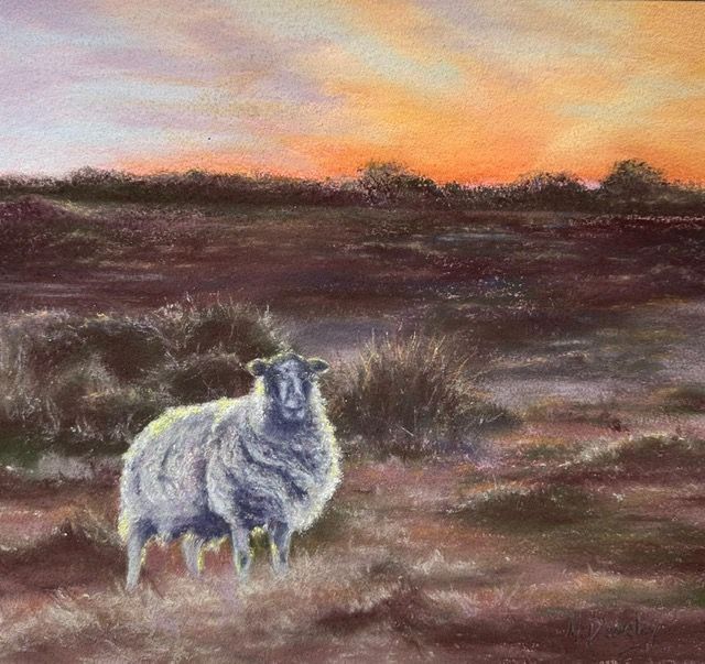 a painting of a sheep standing in a field at sunset .
