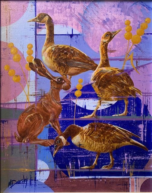 A painting of birds and a hare on a purple background